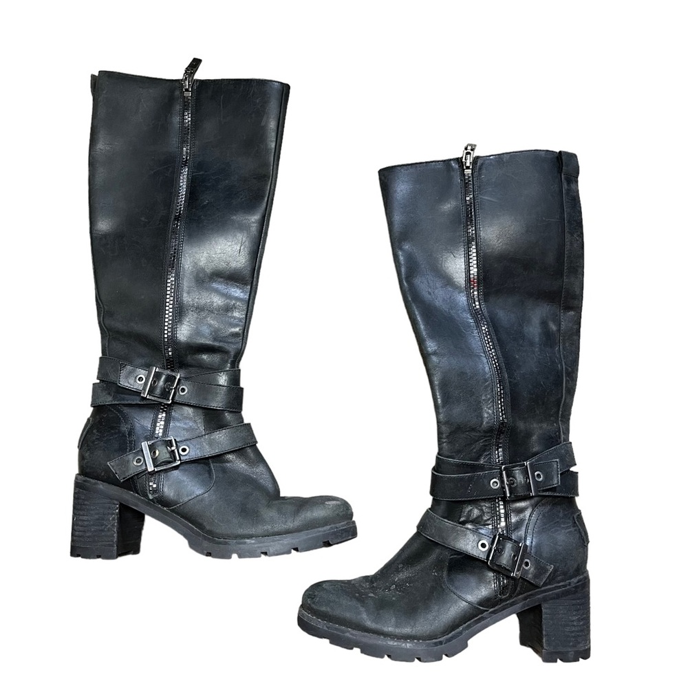 Ugg Women’s Size 7 Black Leather Tall Moto Two Zipper Buckle Heeled Boot